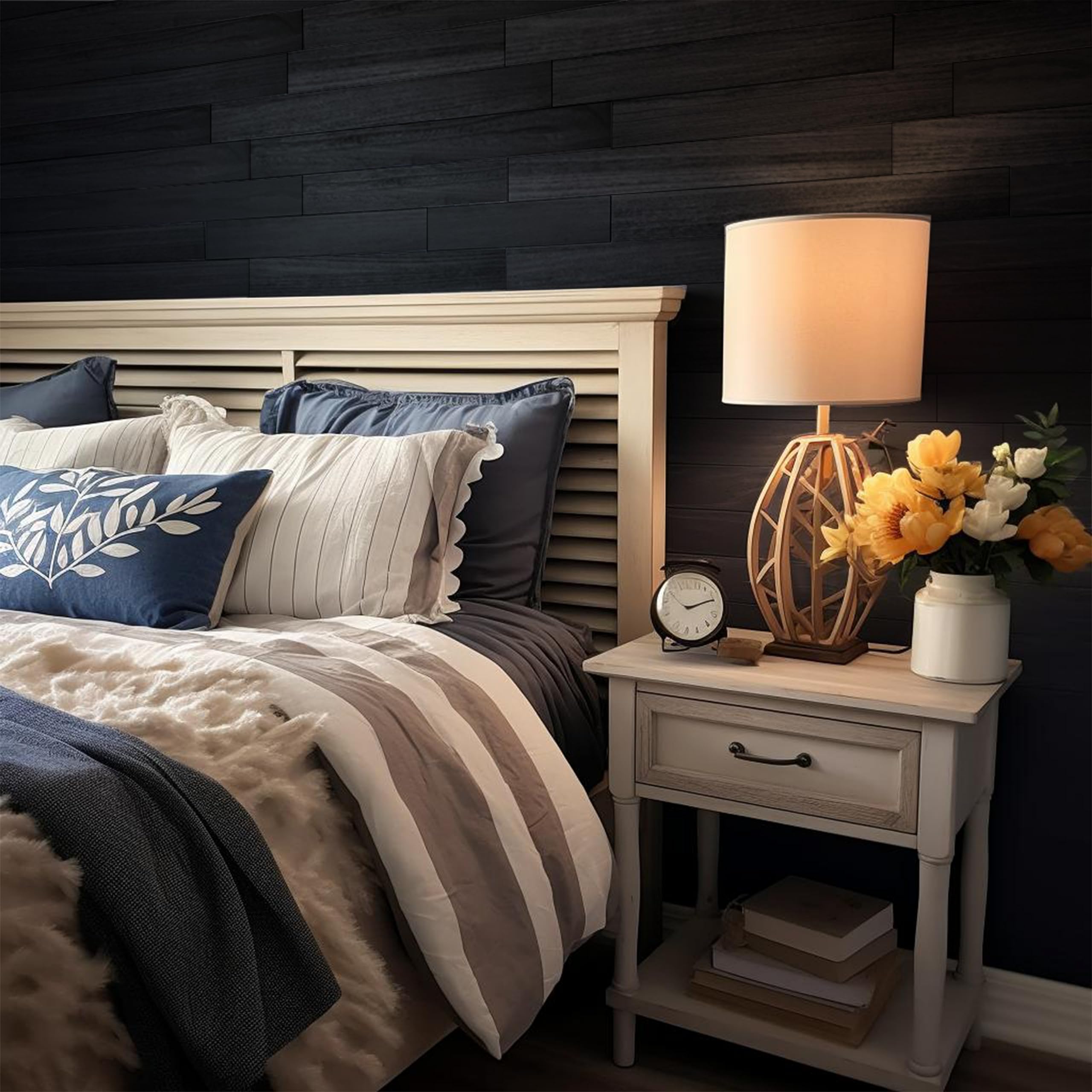 Brosisincorp Peel & Stick Wood Wall Panels - Real Paulownia Wood Shiplap Boards for Accent Walls, DIY Easy to Install - (12.4 Sq Ft, 10Pcs - 5" Wide, Coal Black)