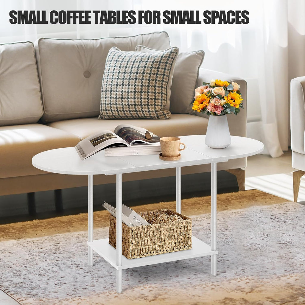 White Coffee Tables for Living Room,Mid Century Oval Center Table with Storage Shelf and Wood Tabletop,2-Tier Modern Narrow Cocktail Tea Table for Small Space,Small Apartment
