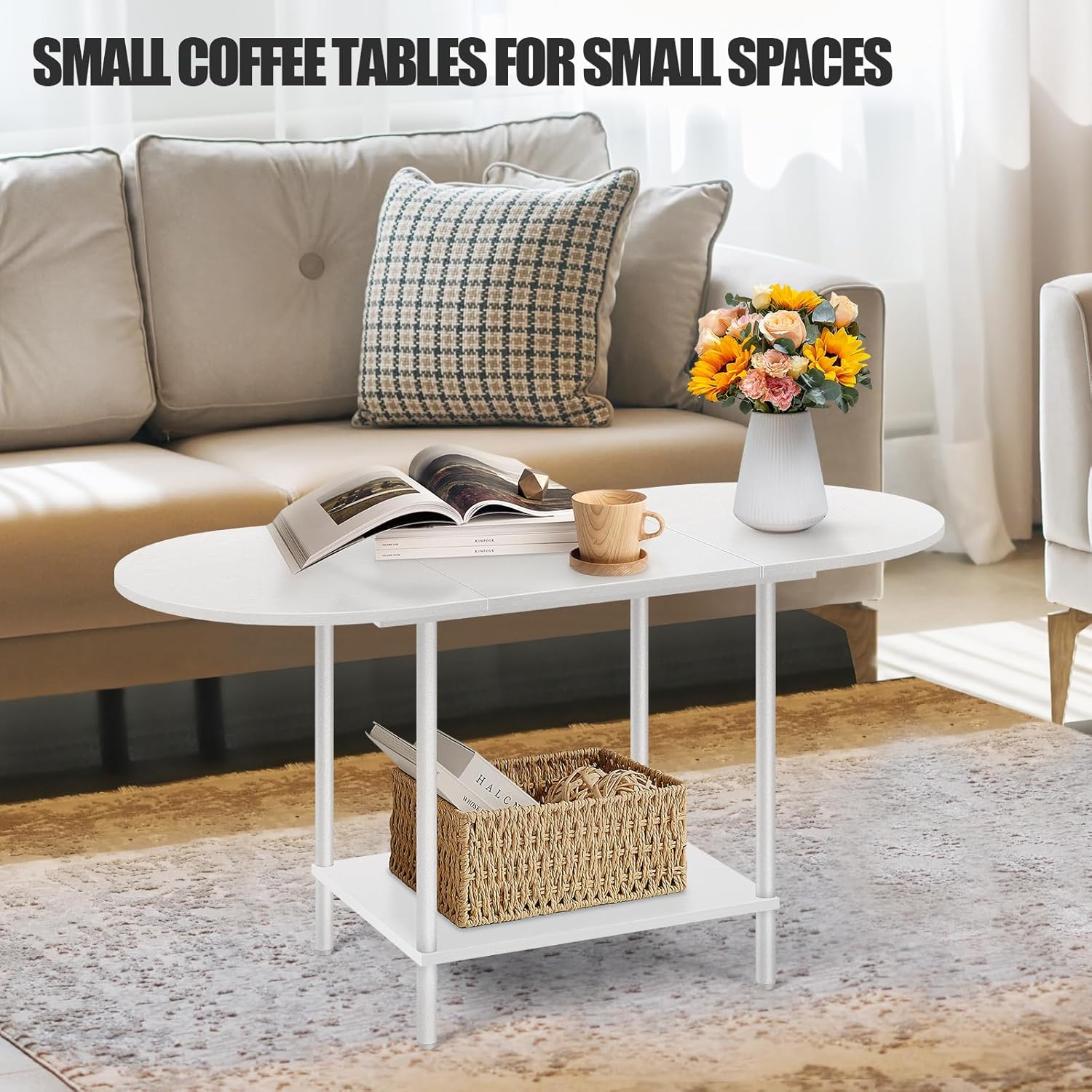 White Coffee Tables for Living Room,Mid Century Oval Center Table with Storage Shelf and Wood Tabletop,2-Tier Modern Narrow Cocktail Tea Table for Small Space,Small Apartment