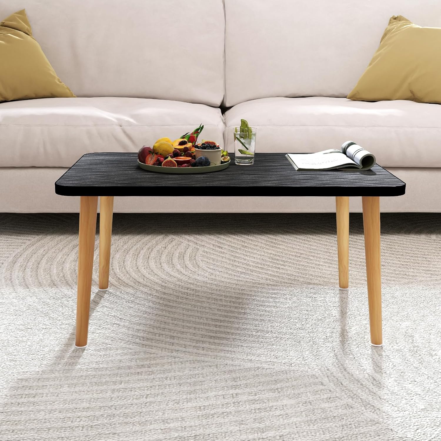 Square Coffee Table Low Table with 4 Solid Wood Sturdy Legs, Floor Table Desk for Sitting on The Floor, Storage and Living Room Furniture (Black)