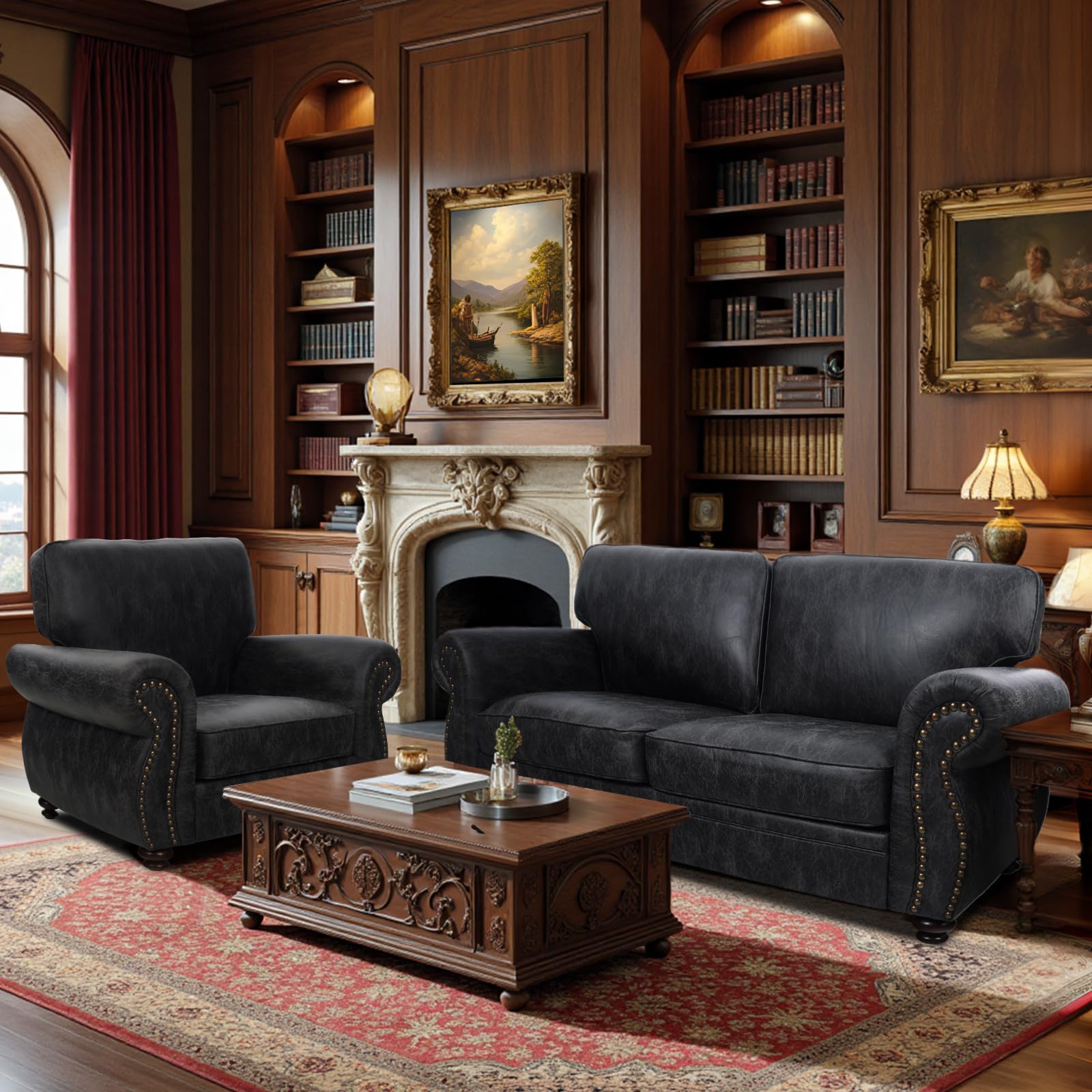 Mid-Century Vintage Sofa Couches with Rivet Design,loveseat Sofa,Removable Sofa Cover Upholstered Cushions and Solid Wood Frame (Grey, 3-Seater)