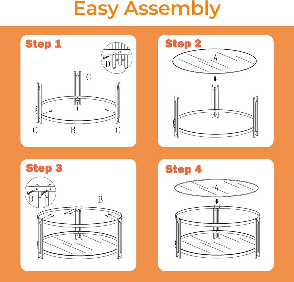 Gold Glass Coffee Table for Living Room, 36" Round Glass Coffee Table with Metal Frame, 2 Tier Circle Coffee Table for Home, Office, Apartment