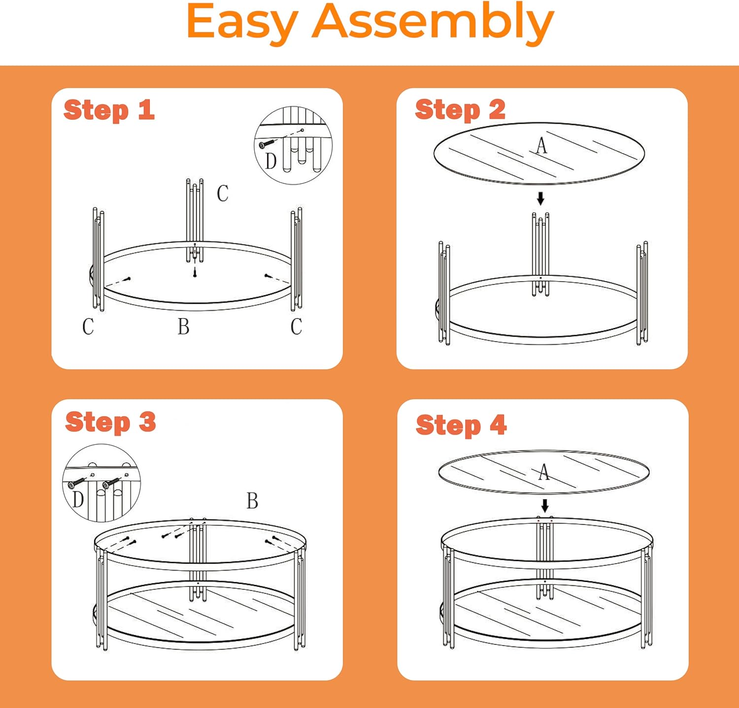 Gold Glass Coffee Table for Living Room, 36" Round Glass Coffee Table with Metal Frame, 2 Tier Circle Coffee Table for Home, Office, Apartment