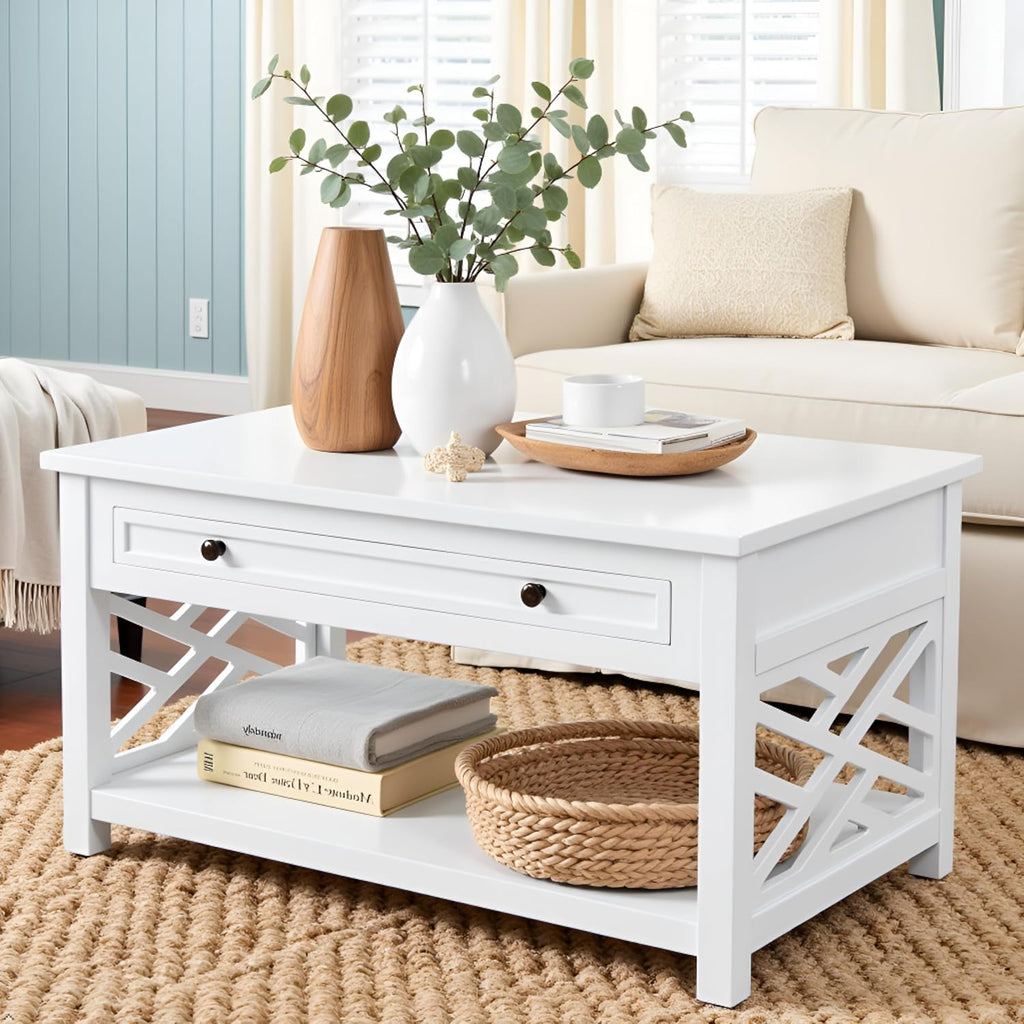 Coventry 36-Inch White Wood Coffee Table with Drawer & Open Shelf – Modern Accent Furniture for Living Room Storage & Décor by Alaterre Furniture