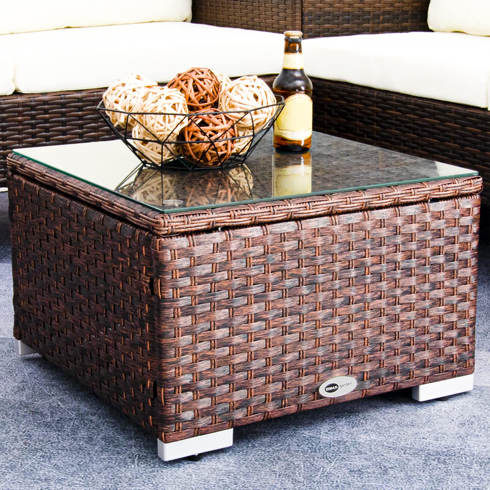DIMAR GARDEN Outdoor Coffee Table Wicker Patio Side Table with Glass Top, 25.2in Mixed Brown