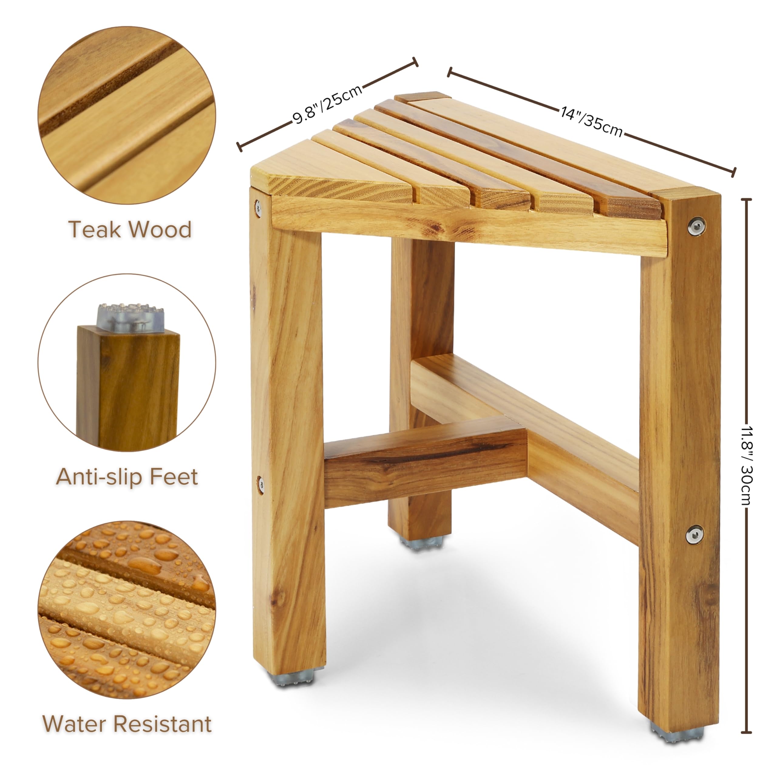 TEAKAURA Teak Shower Stool, Teak Shower Bench, 12'' Shower Foot Rest for Shaving Legs, Waterproof Corner Shower Bench, Organizer Stool, Corner Seat for Bathroom Livingroom - Grand Goldman