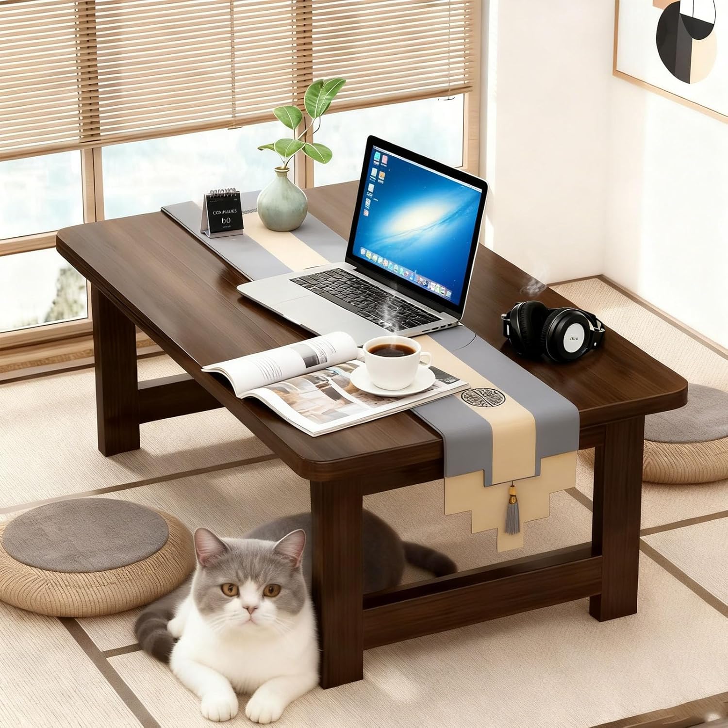 Japanese Floor Table Bamboo Japanese Folding Table Portable Solid Wood Japanese Coffee Table, No Assembly Folding Coffee Table for Sitting on The Floor, Easy Storage (31.5 * 17.7 * 13.8)