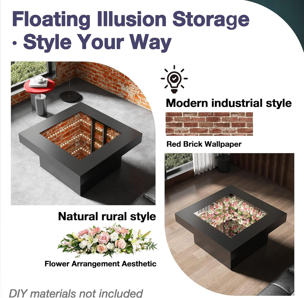 FKWin Black Modern Coffee Tables - Endless Depth Mirror Square Coffee Table with LED Lights, Black Table for Living Room, Tempered Glass-Top Center Tables, 31"