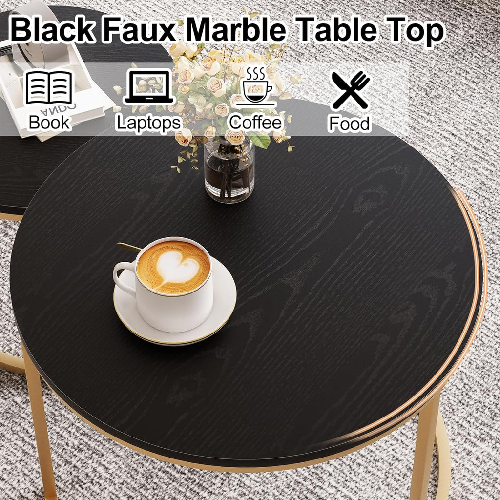 VILAWLENCE Coffee Table Nesting Set of 2 Round End Table Accent Side Stacking Tables Black Wood with Sturdy Metal Frame, Modern Living Room Table Sets Industrial Nightstand
