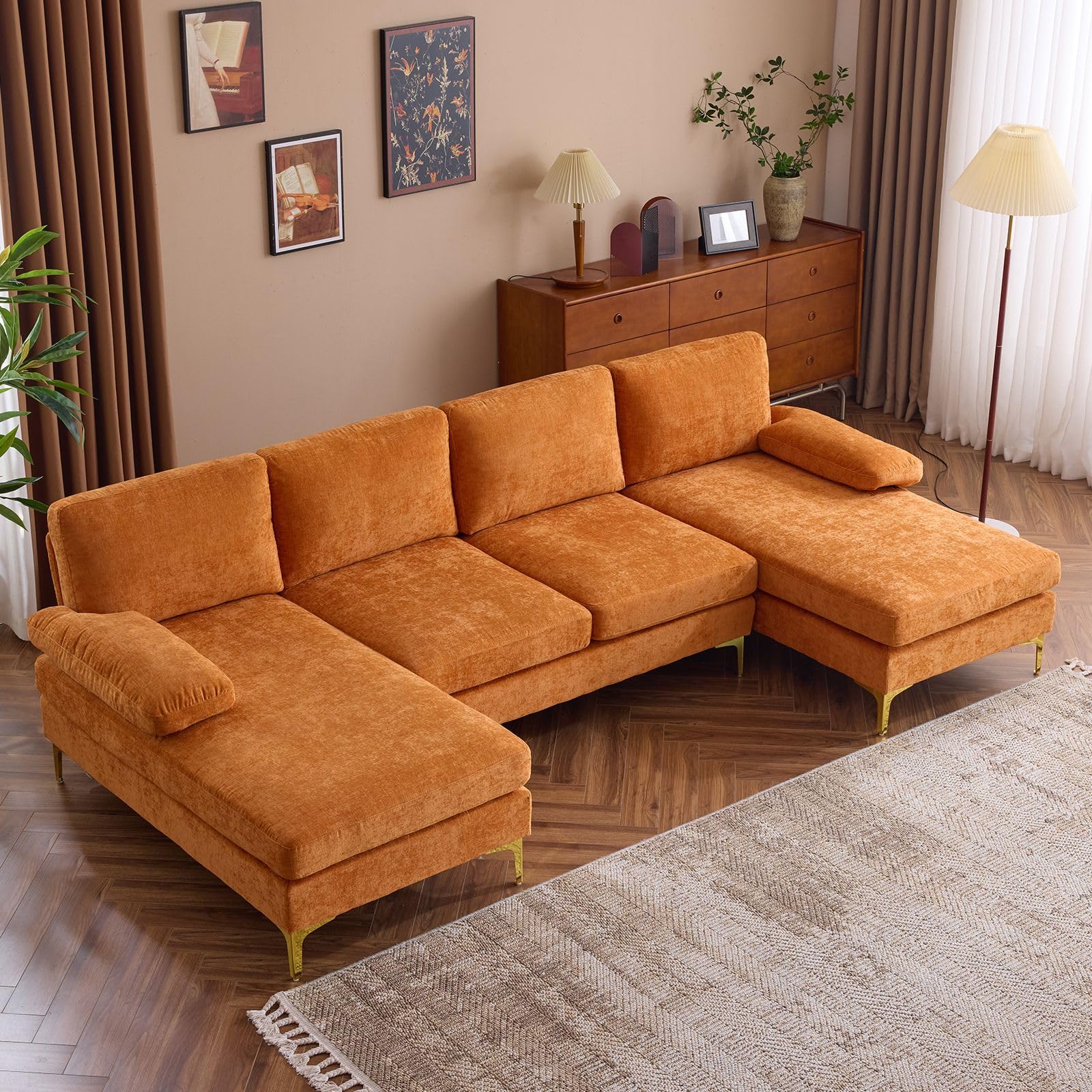 Karl home U-Shape Sectional Sofa Couch 111" Modern 4-Seat Sofa with Chaises Chenille Fabric Upholstered Covertible Couch with Wood Grain Legs for Living Room, Reception Room, Apartment, Black