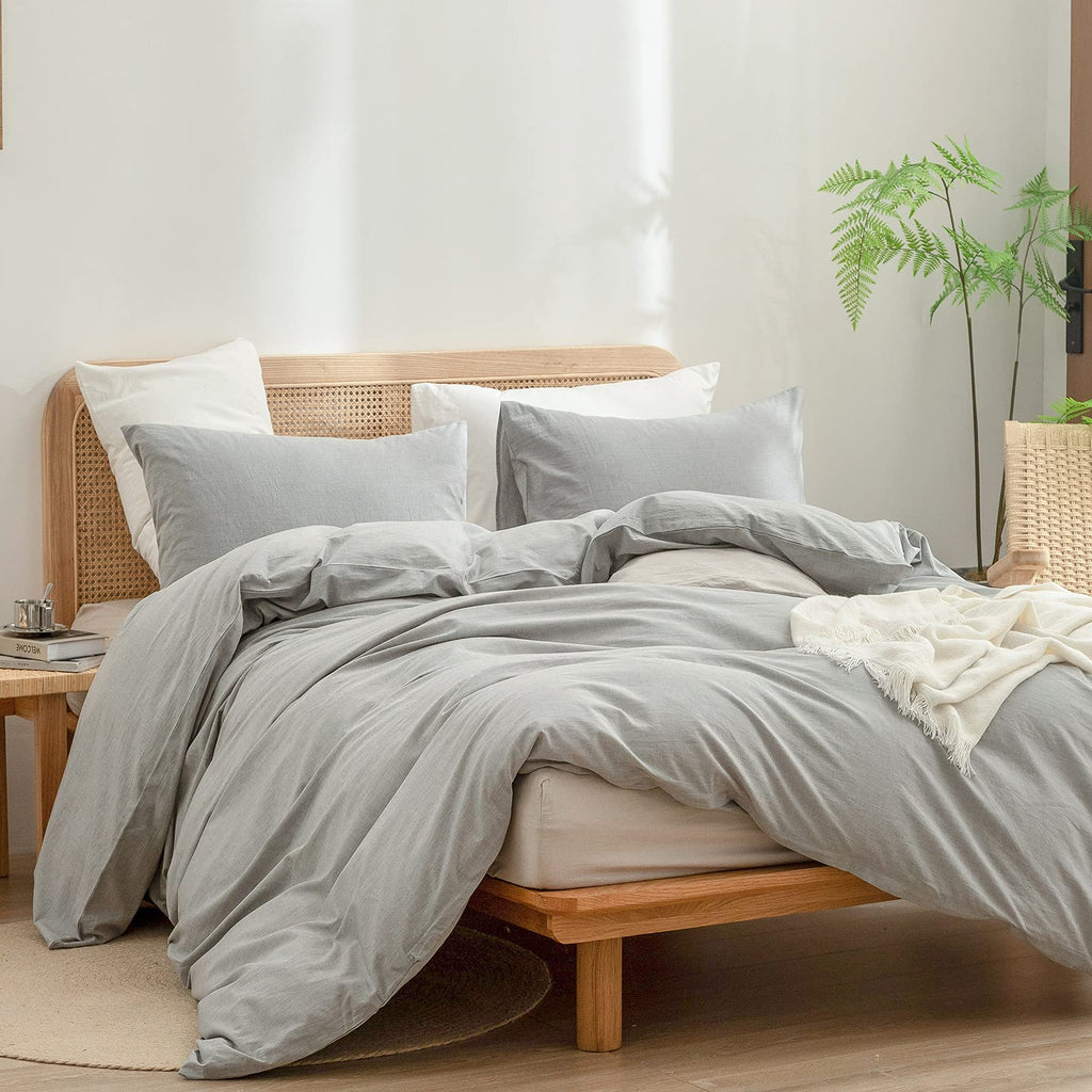 Parure de lit BESTOUCH 100 % coton lavé, toucher lin, super douce, confortable, chic, légère, 3 pièces, parure de lit pour la maison, bleu bleuet, Queen 