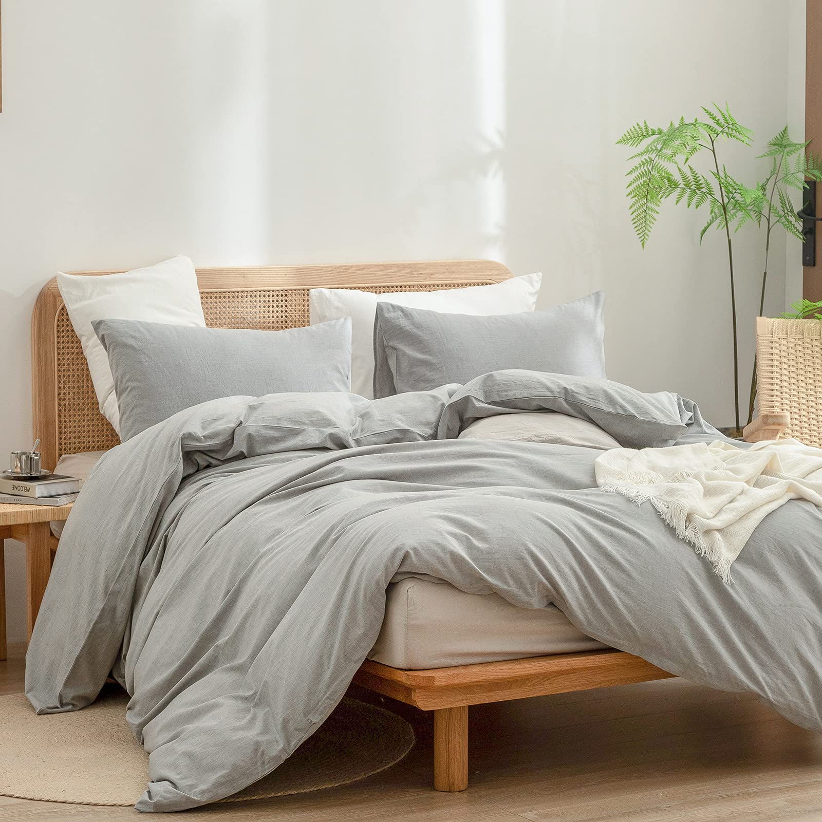 Parure de lit BESTOUCH 100 % coton lavé, toucher lin, super douce, confortable, chic, légère, 3 pièces, parure de lit pour la maison, bleu bleuet, Queen 