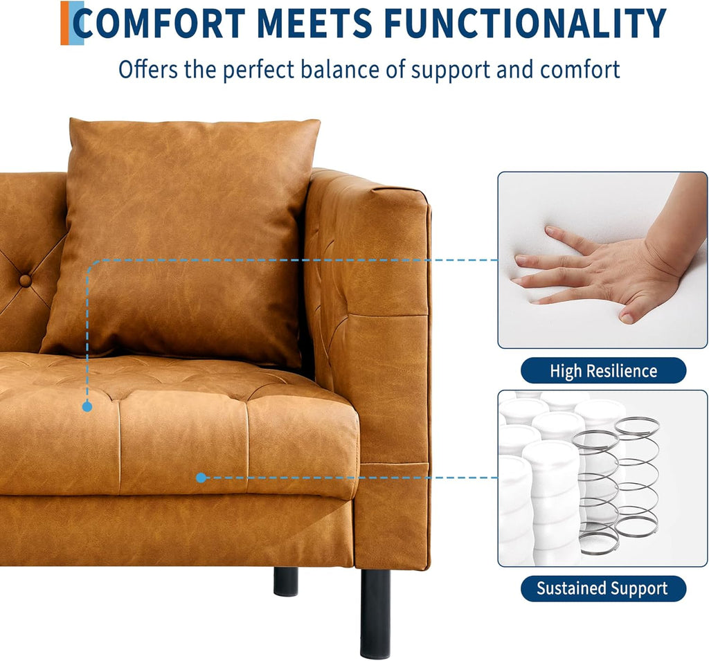 81 Inch Leather Couch for Living Room, Modern Leather Sofa with Deep Seat, Handmade Button Tufted 3 Seater Sofa, Chesterfield Couch for Apartment, Office, Cognac Tan