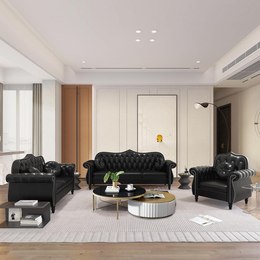 AVZEAR 82" Three Seater Leather Sofa, Chesterfield Sofa, Mid-Century Modern PU Upholstered Sofa Couch, Deep Button Tufted Living Room Sofa with Two Throw Pillows, Black