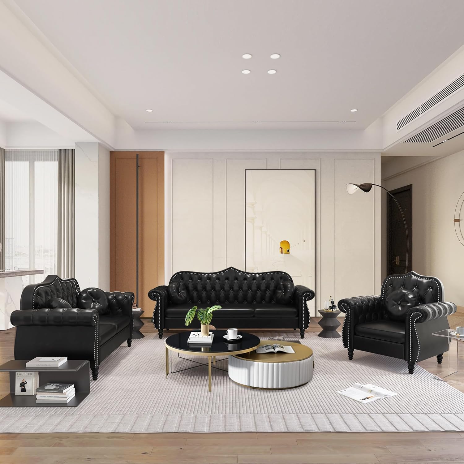 AVZEAR 82" Three Seater Leather Sofa, Chesterfield Sofa, Mid-Century Modern PU Upholstered Sofa Couch, Deep Button Tufted Living Room Sofa with Two Throw Pillows, Black