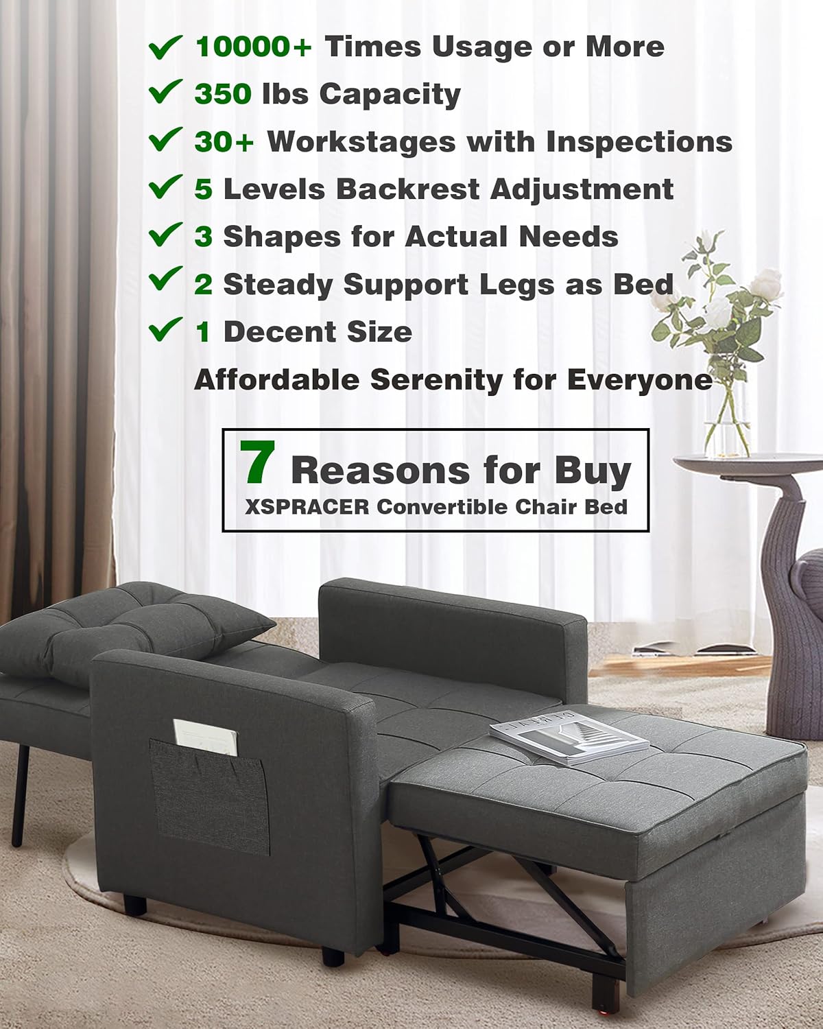 XSPRACER [Updated Convertible Chair Bed, Sleeper Sofa 3 in 1, Stepless Adjustable Backrest,Armchair, Sofa, Bed, Linen, Dark Gray, Single One