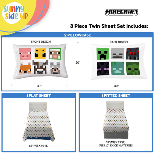 Sunny Side Up Minecraft Creeper & Animals Twin Sheet Set - 3 Piece Kids Bedding Set Includes Pillow Cover - Super Soft Microfiber Sheets