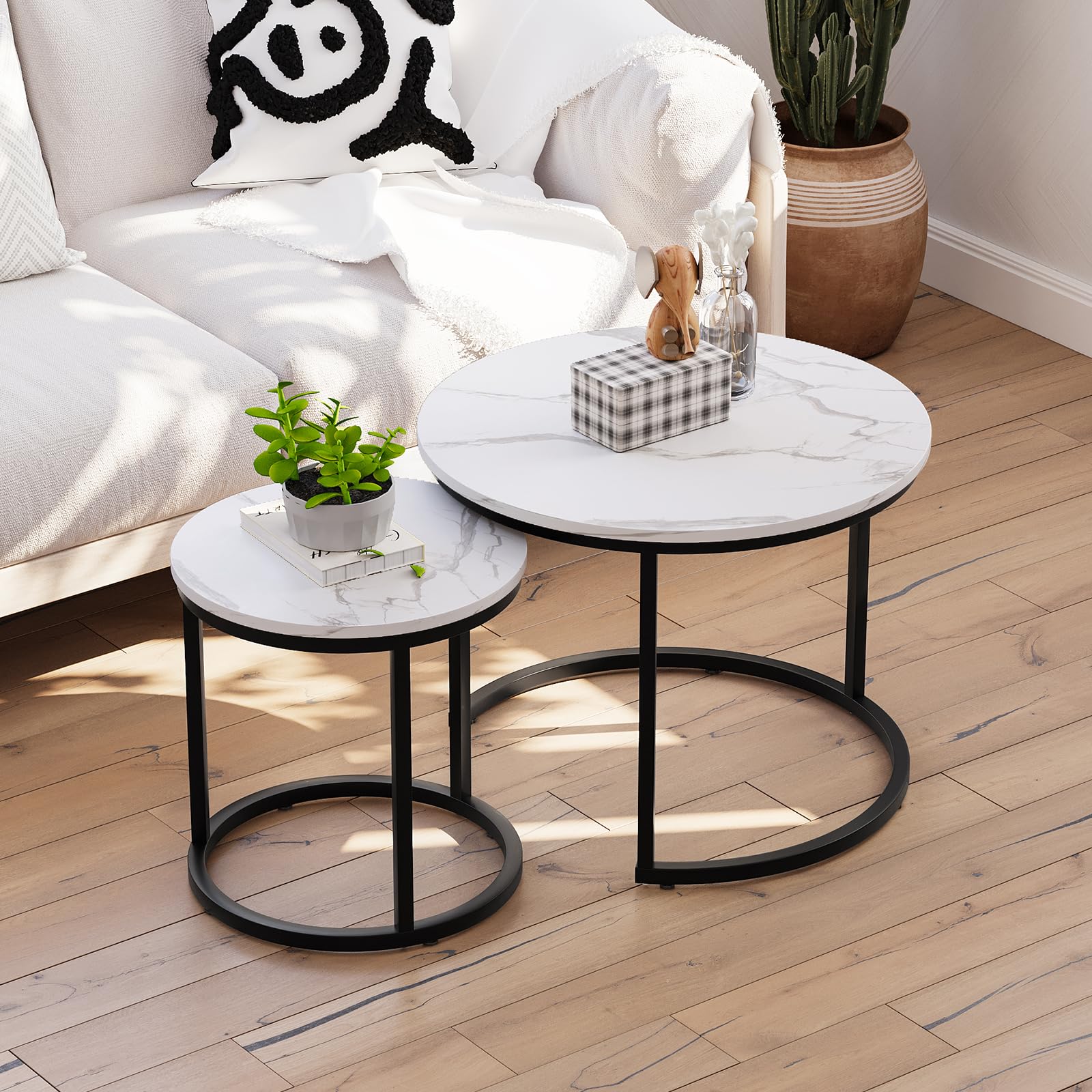 Smuxee Nesting Coffee Table Set of 2, 23.6" Round Coffee Table Wood Grain Top with Adjustable Non-Slip Feet, Industrial End Table Side Tables for Living Room Bedroom Balcony Yard