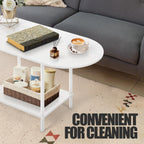 White Coffee Tables for Living Room,Mid Century Oval Center Table with Storage Shelf and Wood Tabletop,2-Tier Modern Narrow Cocktail Tea Table for Small Space,Small Apartment