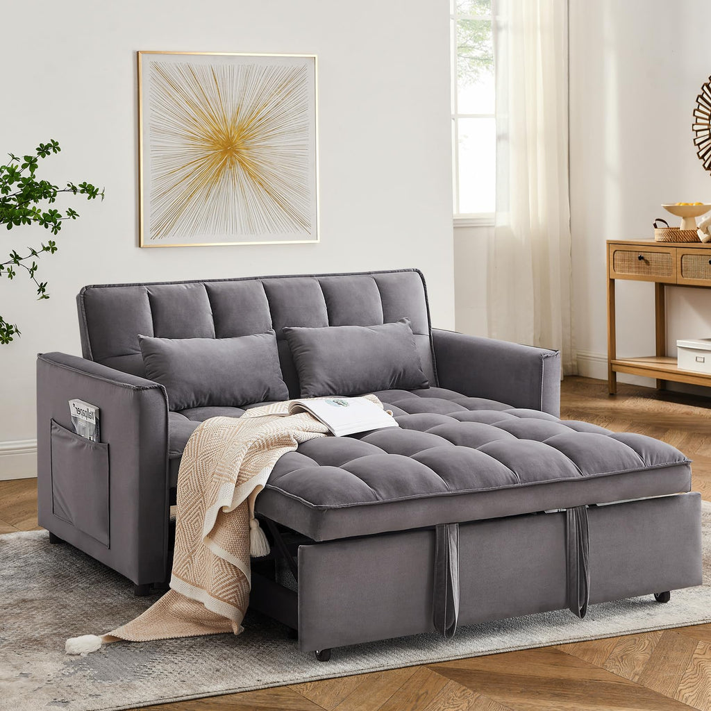 3 in 1 Sleeper Sofa Bed,Velvet Convertible Sofa Bed Pull-Out Bed Couch With Side Pockets,55'' Loveseat Sleeper Sofa with Adjustable Backrest for Living Room,Bedroom,Apartment and Small Space,Black