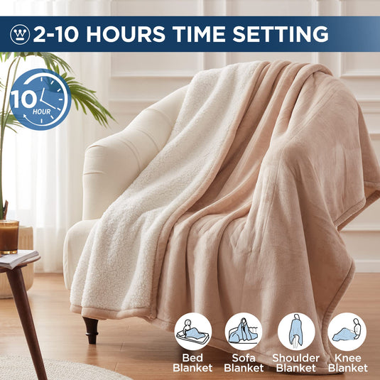 Westinghouse Heated Throw Blanket, Electric Blanket Throw with 6 Heating Levels and 2-10 Hours Time Settings, Flannel to Sherpa Super Cozy Heated Blanket Machine Washable, 50x60 inch, Charcoal