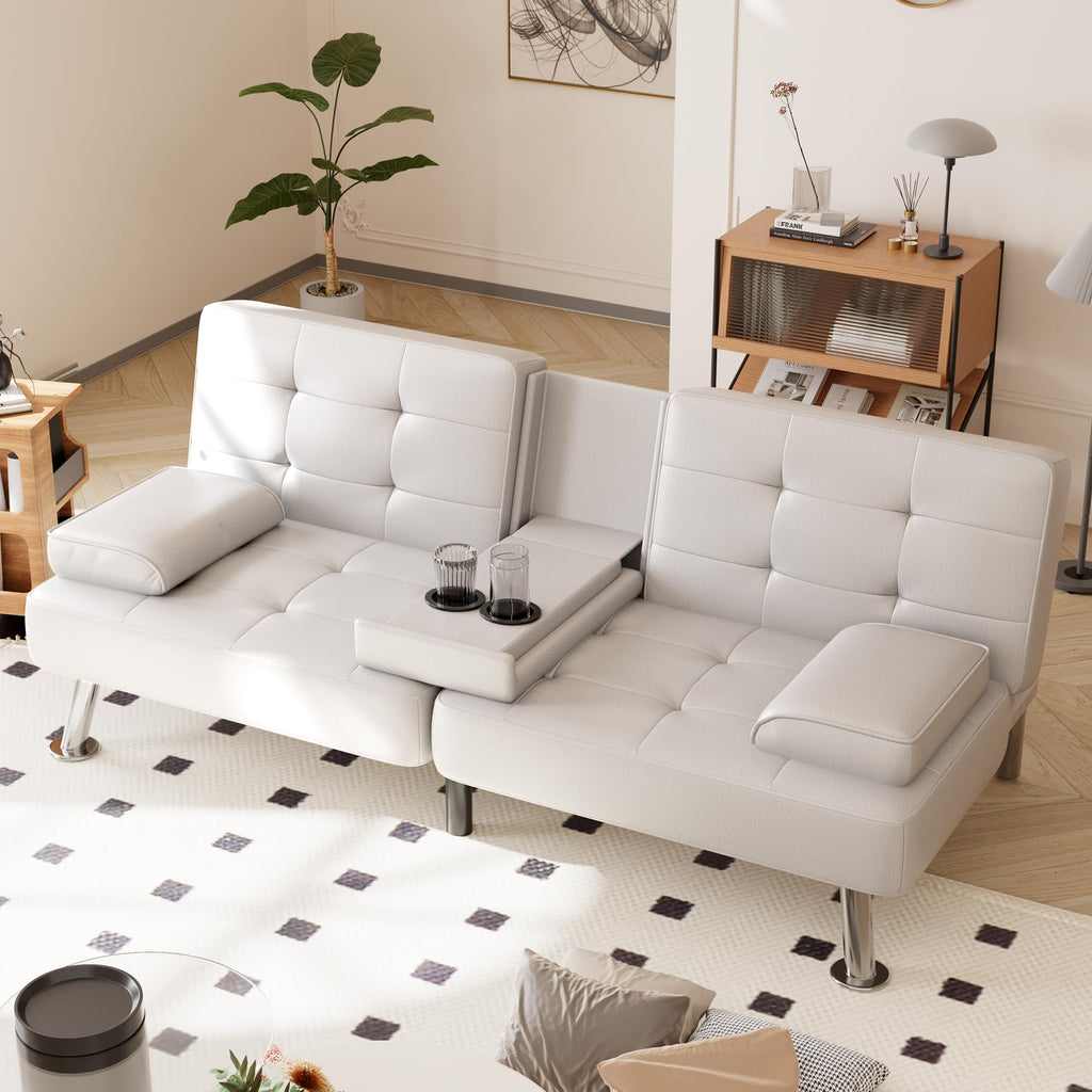 Shahoo Convertible Folding Futon Sofa Bed Sleeper Couch for Living Room Faux Leather Upholstered Loveseat w/Removable Armrests, Metal Legs, 2 Cup Holders, Black