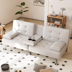 Shahoo Convertible Folding Futon Sofa Bed Sleeper Couch for Living Room Faux Leather Upholstered Loveseat w/Removable Armrests, Metal Legs, 2 Cup Holders, Black