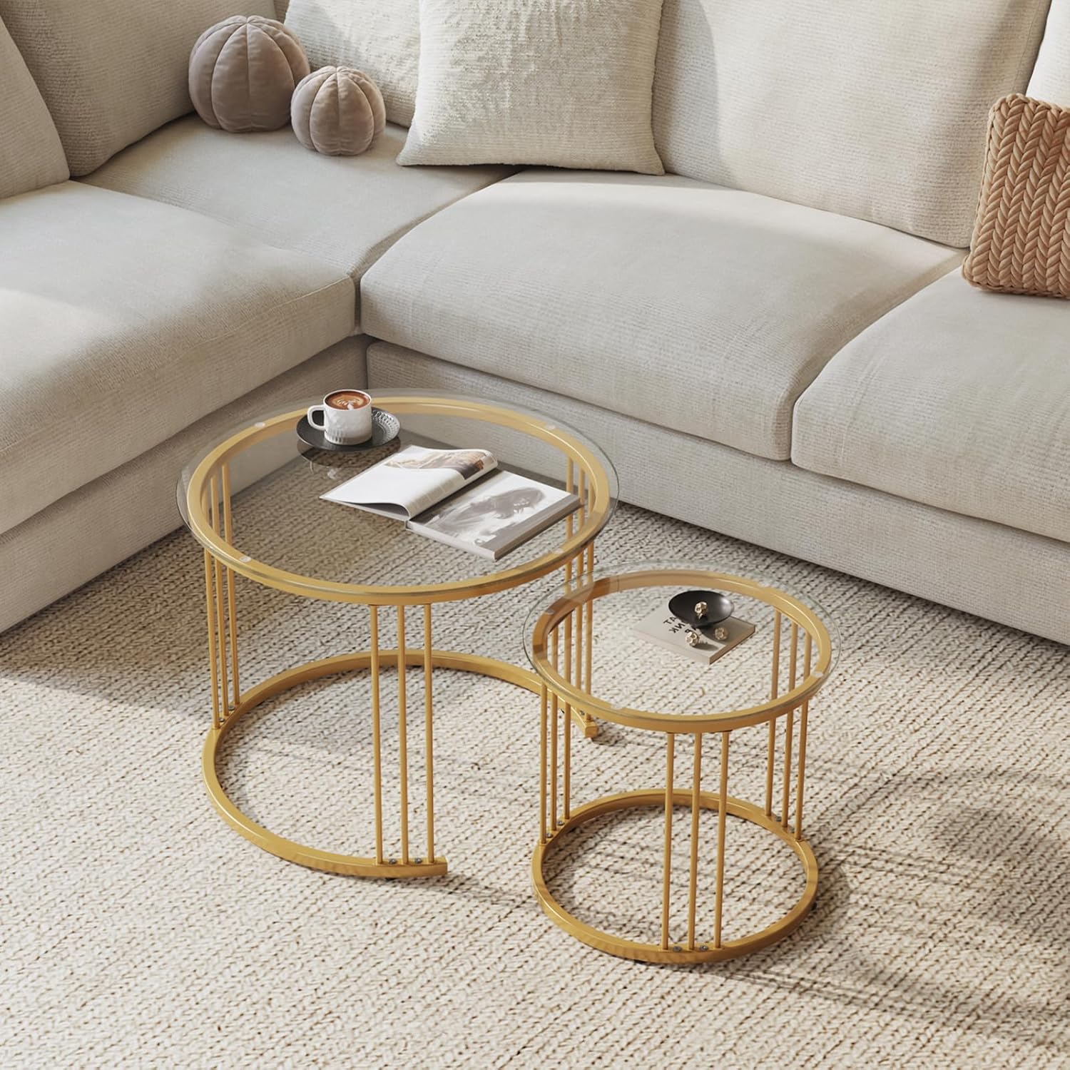 Garden 4 you Nesting Coffee Table, 23.6" Round Coffee Table Set of 2, Glass Nesting Table with Metal Frame, Ceter Tables for Living Room Bedroom Balcony, Gold