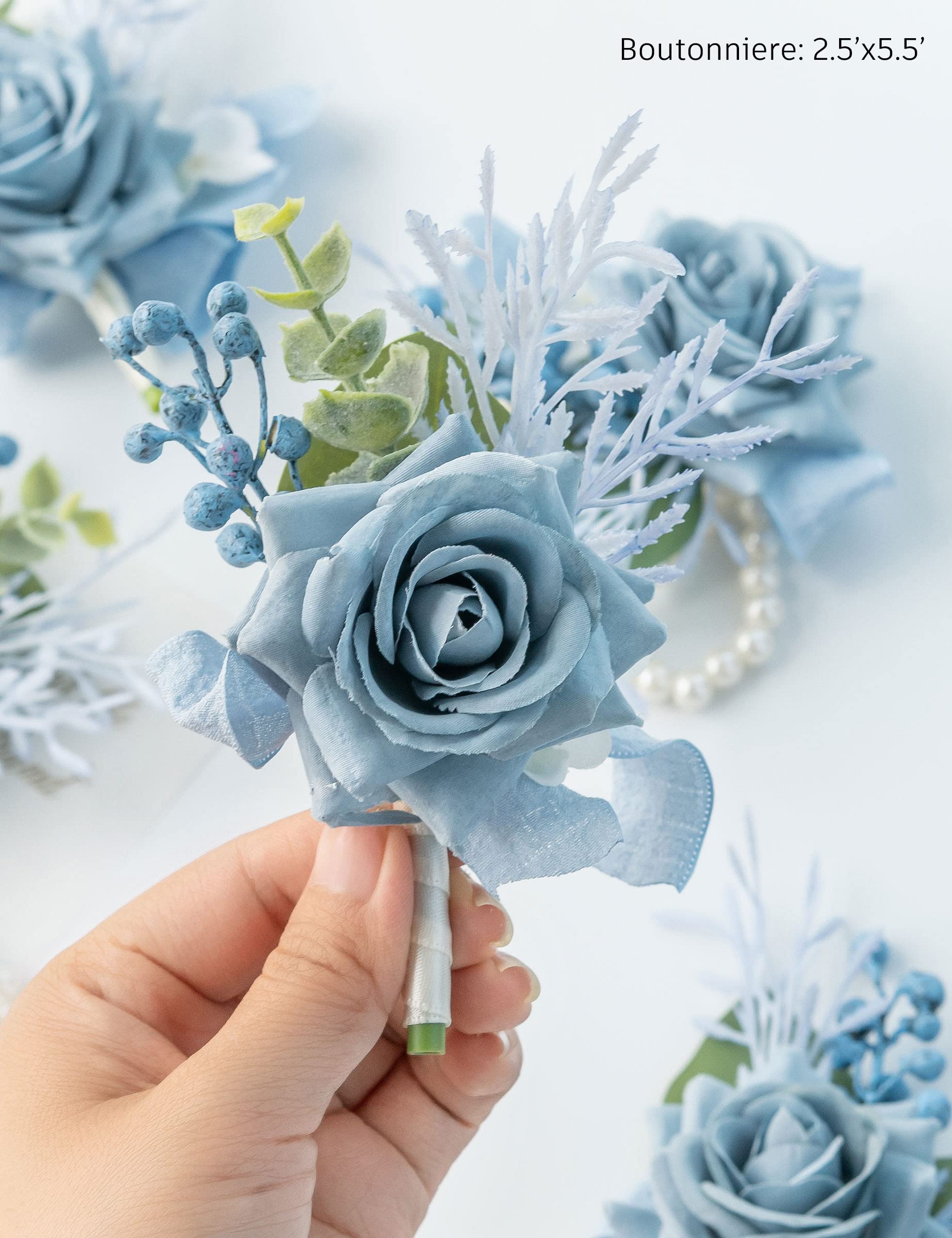 ست مچ‌بند و گل سینه YSOJMAN برای عروس، ساقدوش، مادر، مادربزرگ در جشن عروسی، گل‌های رز مصنوعی برای جشن عروسی، مجموعه ۲ عددی (آبی خاکستری)