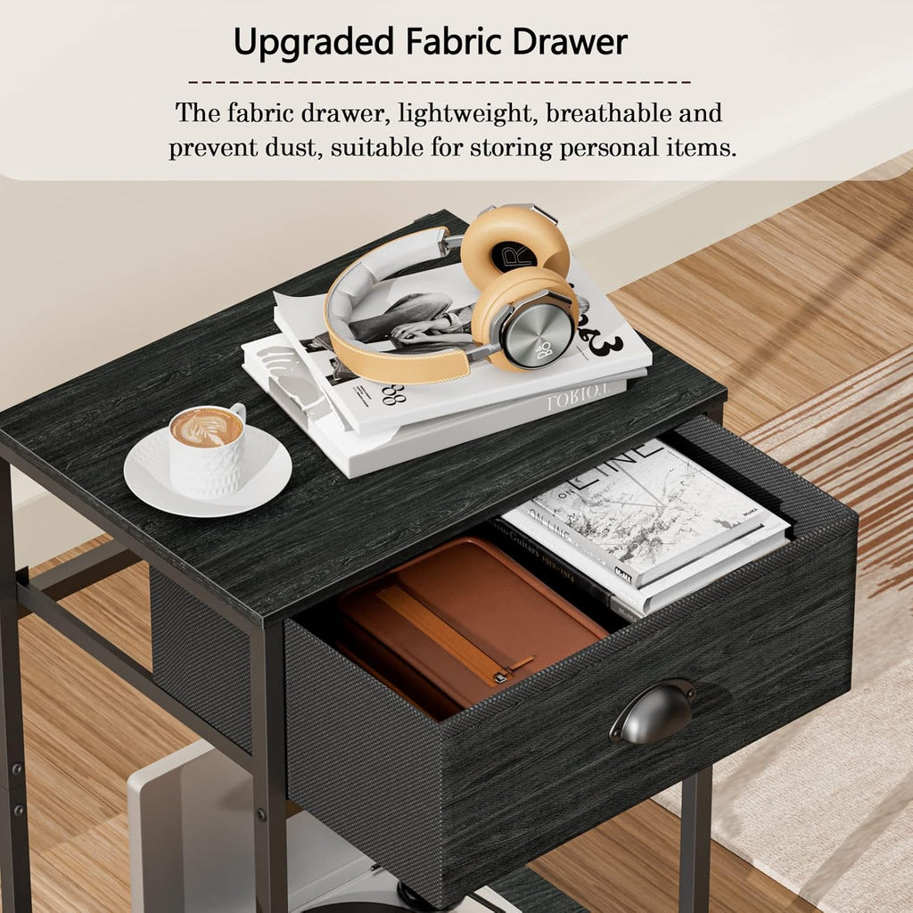 Furologee Nightstands Set of 2, Industrial End Table with Fabric Drawer&Storage Shelf, Small Bedside Table Organizer for Small Space for Living Room, Tall 23.6" Night Stand for Bedroom, Black Oak