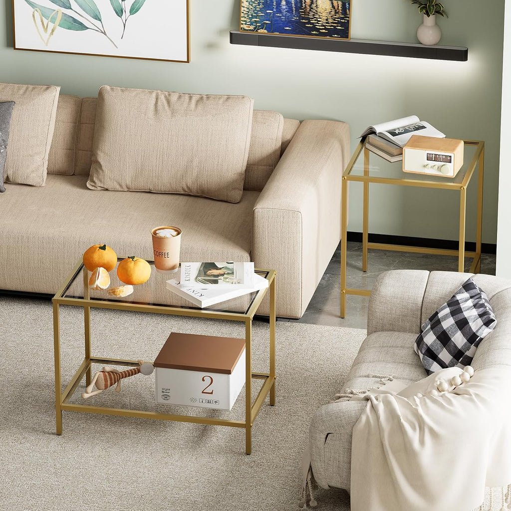 Nesting Coffee Table,Small Glass Coffee Table Set of 2,Black Modern Center Sofa Side Tea Table for Living Room,Bedroom and Small Spaces,2 Tier Tempered Glass, Easy Assembly,Gold