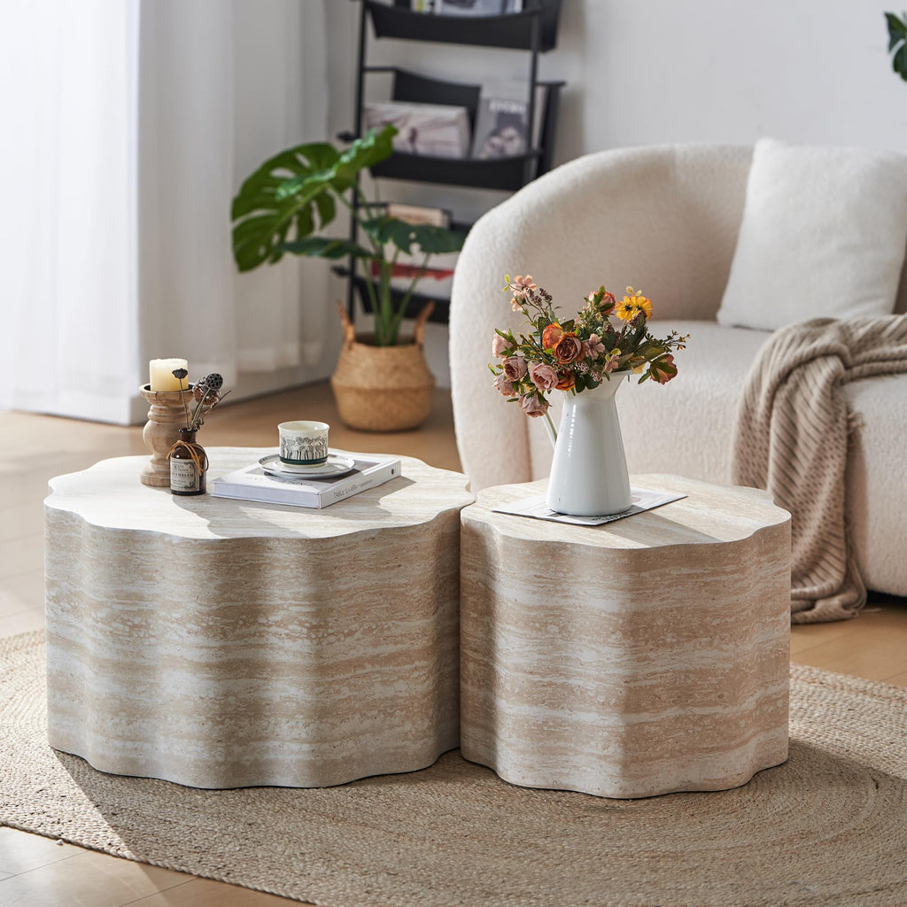 JUSTONE Set of 2 Round Coffee Tables for Living Room, Faux Mars Pattern Modern Minimalist Side Tables Accent End Table End Table for Apartment,Office,Marble