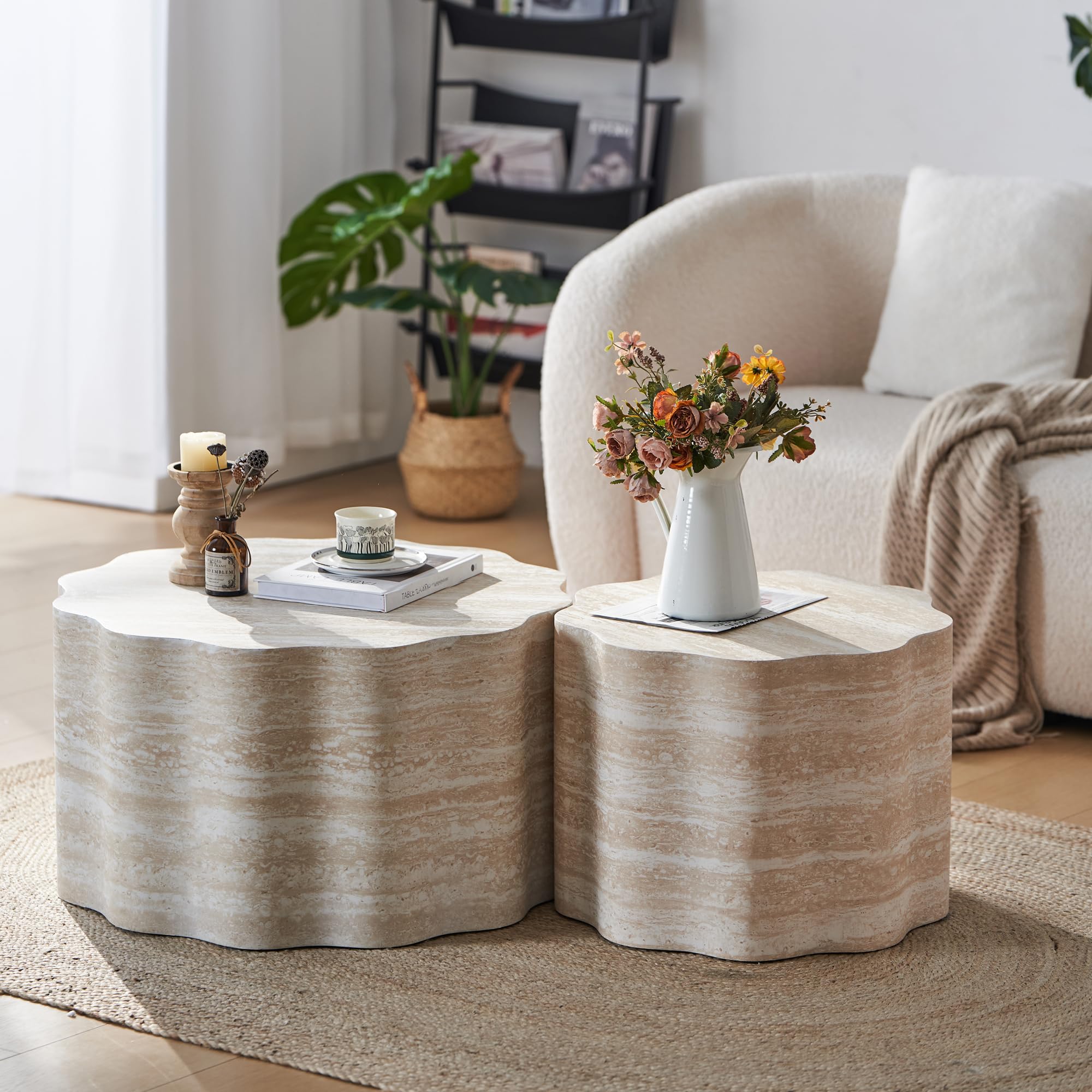 JUSTONE Set of 2 Round Coffee Tables for Living Room, Faux Mars Pattern Modern Minimalist Side Tables Accent End Table End Table for Apartment,Office,Marble
