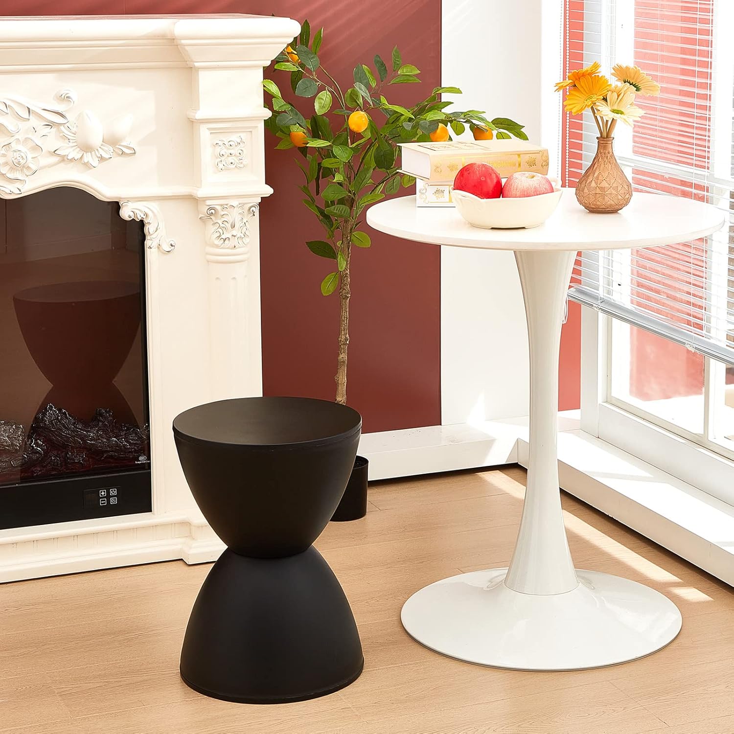 Leinuosen 16.73" H x 11.81" W Small Plastic Black Drum Side Table Plastic Hourglass Modern End Table Round Outdoor Stool Side Table for Coffee Patio Indoor Home Bedroom (Cover Cannot Be Removed)