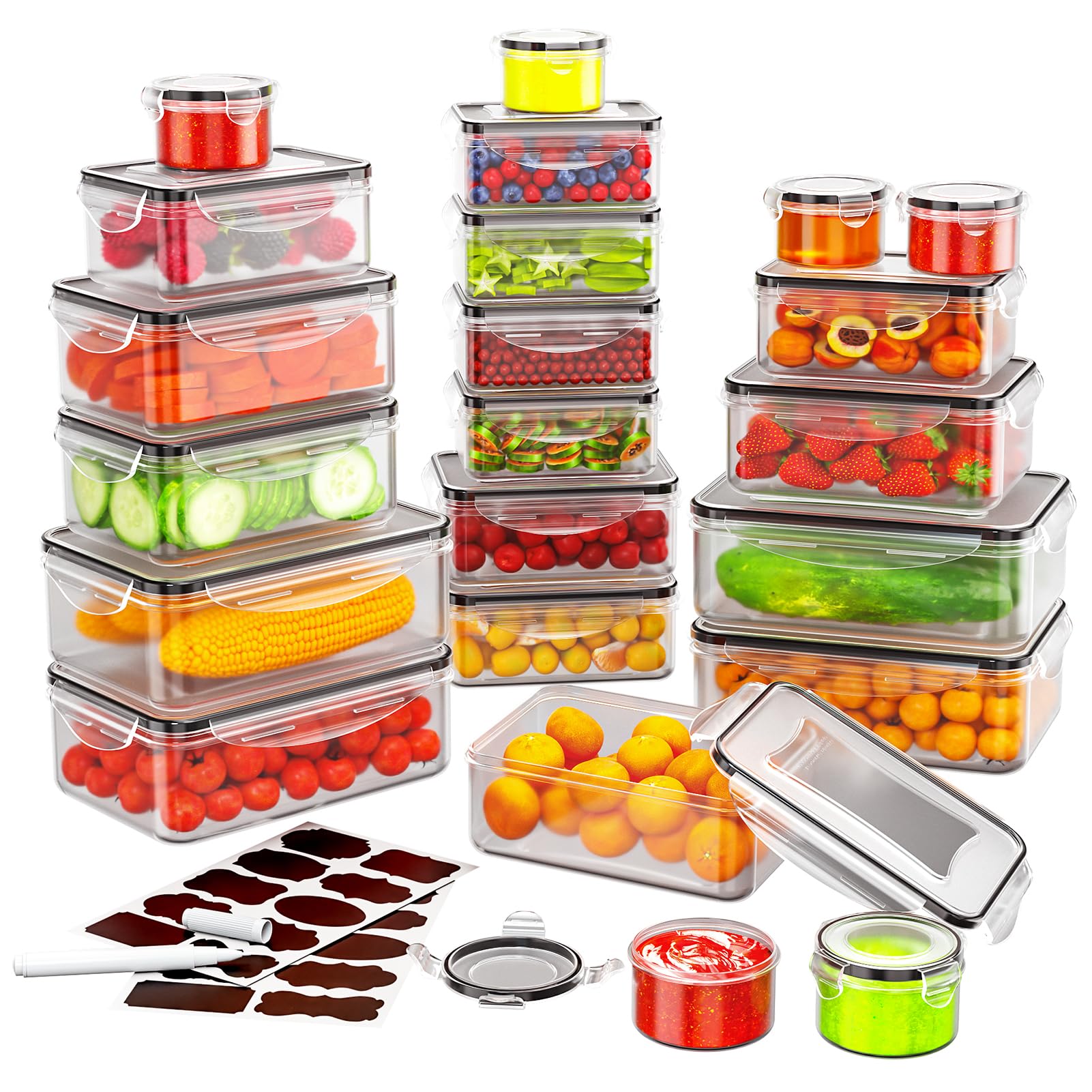 34 PCS Food Storage Containers Set with Airtight Lids (17 Lids &17 Containers) - BPA-Free Plastic Food Container for Kitchen Storage Organization, Fruit Meal-prep Containers with Labels & Marker
