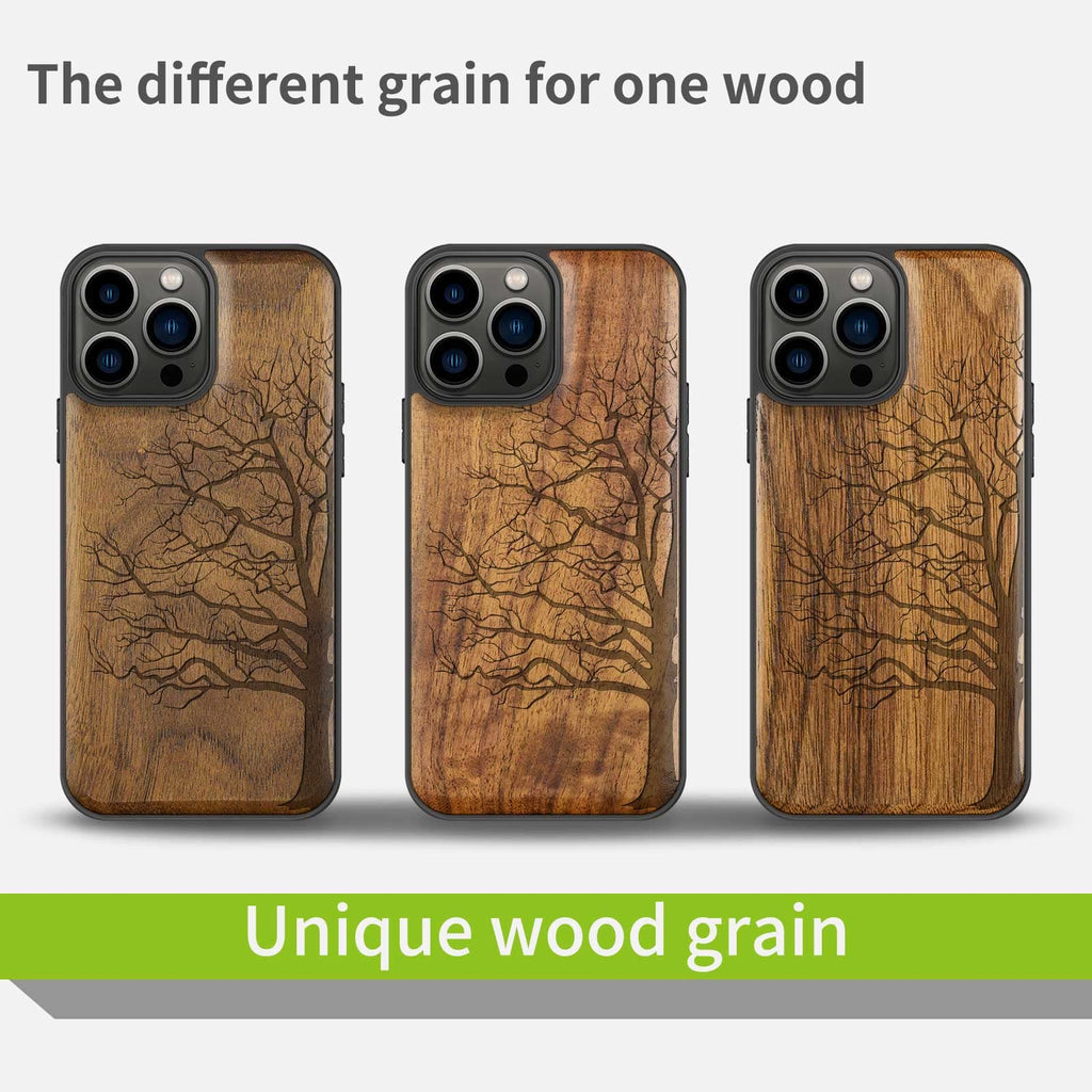 Carveit Magnetic Wood Case for iPhone 13 Pro Max [Hard Real Wood & Soft TPU] Shockproof Hybrid Protective Cover Unique & Classy Wooden Case Compatible with MagSafe (Eternal Tree Carving-Walnut)