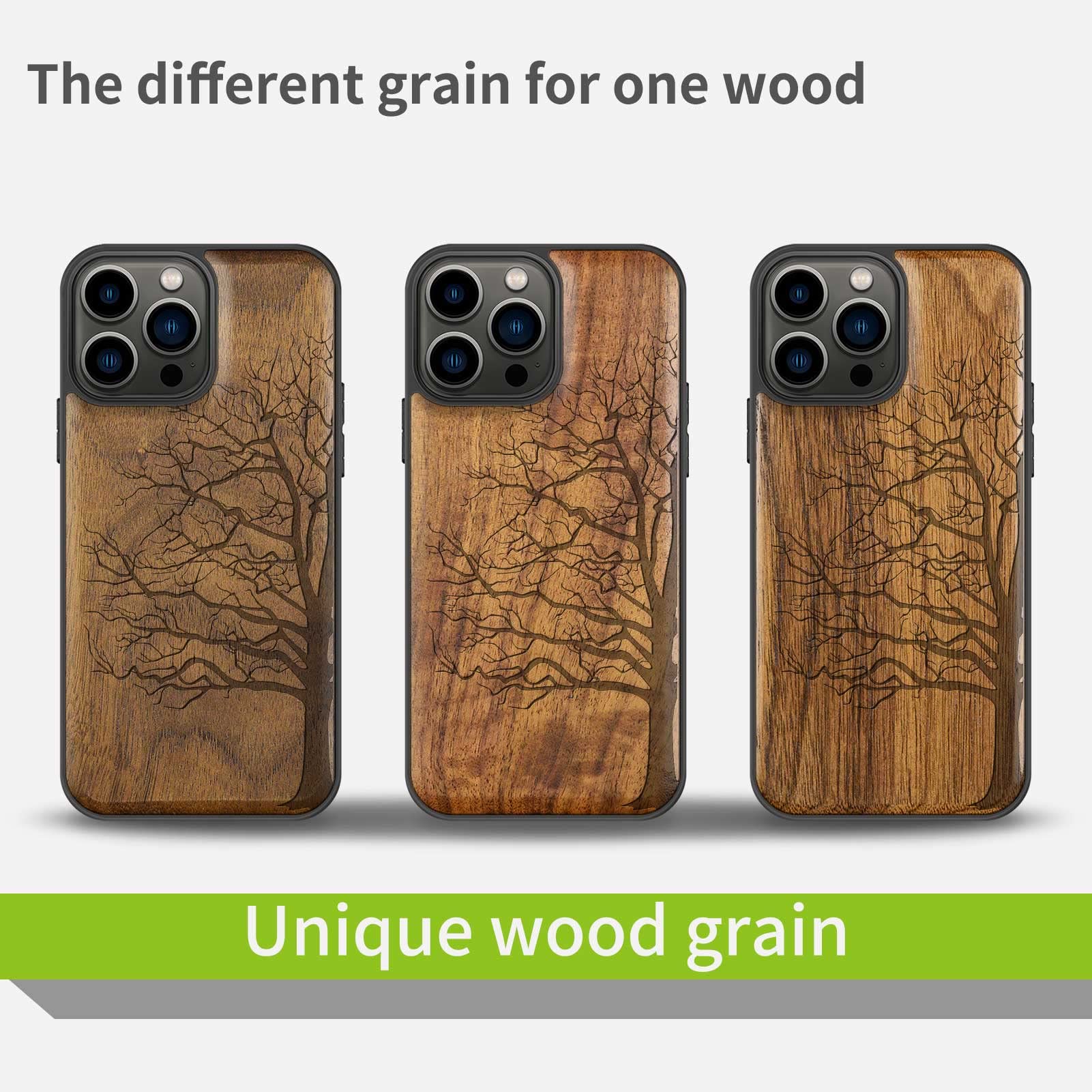 Carveit Magnetic Wood Case for iPhone 13 Pro Max [Hard Real Wood & Soft TPU] Shockproof Hybrid Protective Cover Unique & Classy Wooden Case Compatible with MagSafe (Eternal Tree Carving-Walnut)