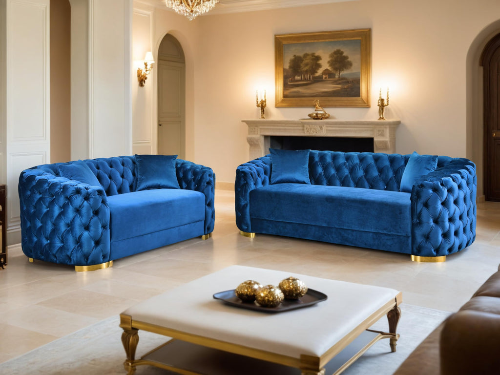 THSUPER 89'' Luxury Velvet Chesterfield Couch, 3 Seater Vintage Button Tufted Victorian Sofa with Wide Armrest, Grey Modern Sofas with 2 Pillows and Gold Metal Legs for Living Room,Office, Hotel