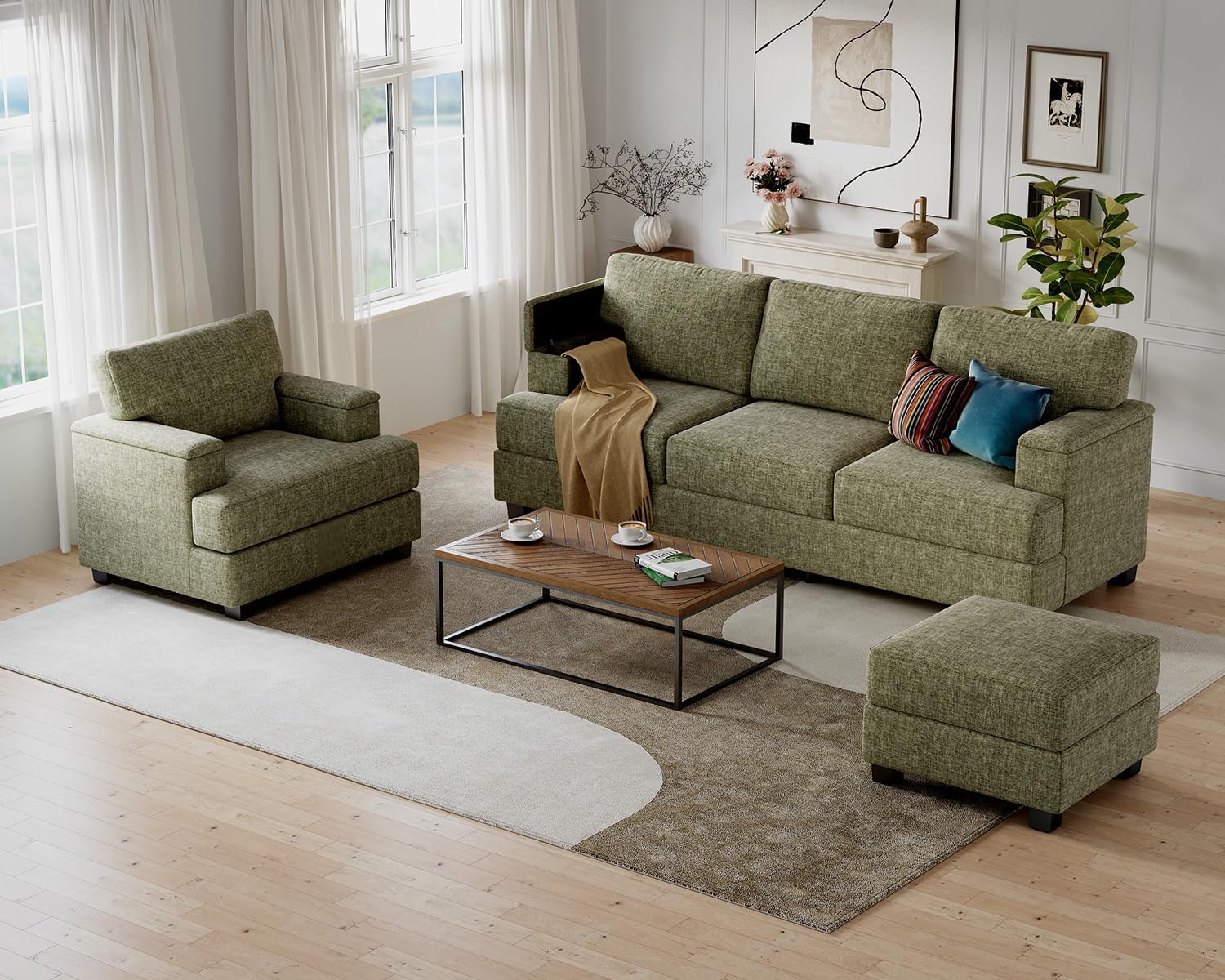 85'' L Shaped Couch with Armrest Organizer,Comfy 3 Seats Sofa with Thick Cushion,Chenille Sectional Couches for Living Room,Bedroom,Apartment,Sofa Set with Oversized Chair,Home Furniture,Green