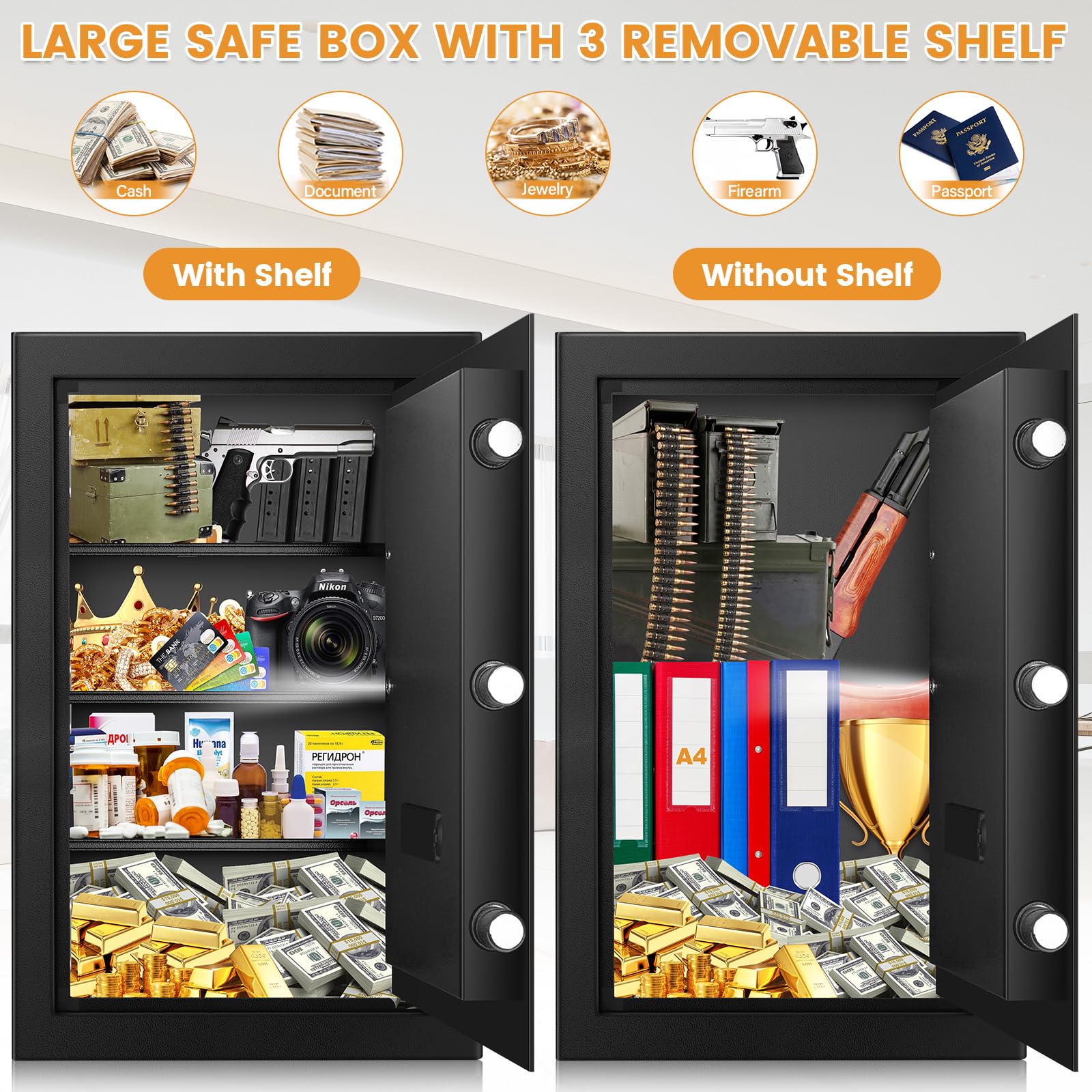 4.1 Cuft Fireproof Safe For Home Documents, Safe Box Fireproof Waterproof, Security Document Safes With Keypad Key Lock, Silent Mode, Removable Shelf, Large Digital Combination Safe For Money Jewelry