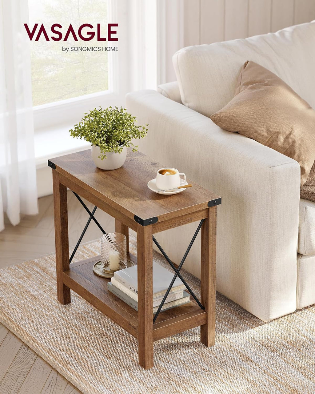 VASAGLE 2-Tier End Table, Side Table with Bottom Shelf, Nightstand for Small Spaces, for Living Room, Bedroom, Farmhouse Style, Honey Brown ULET235K41