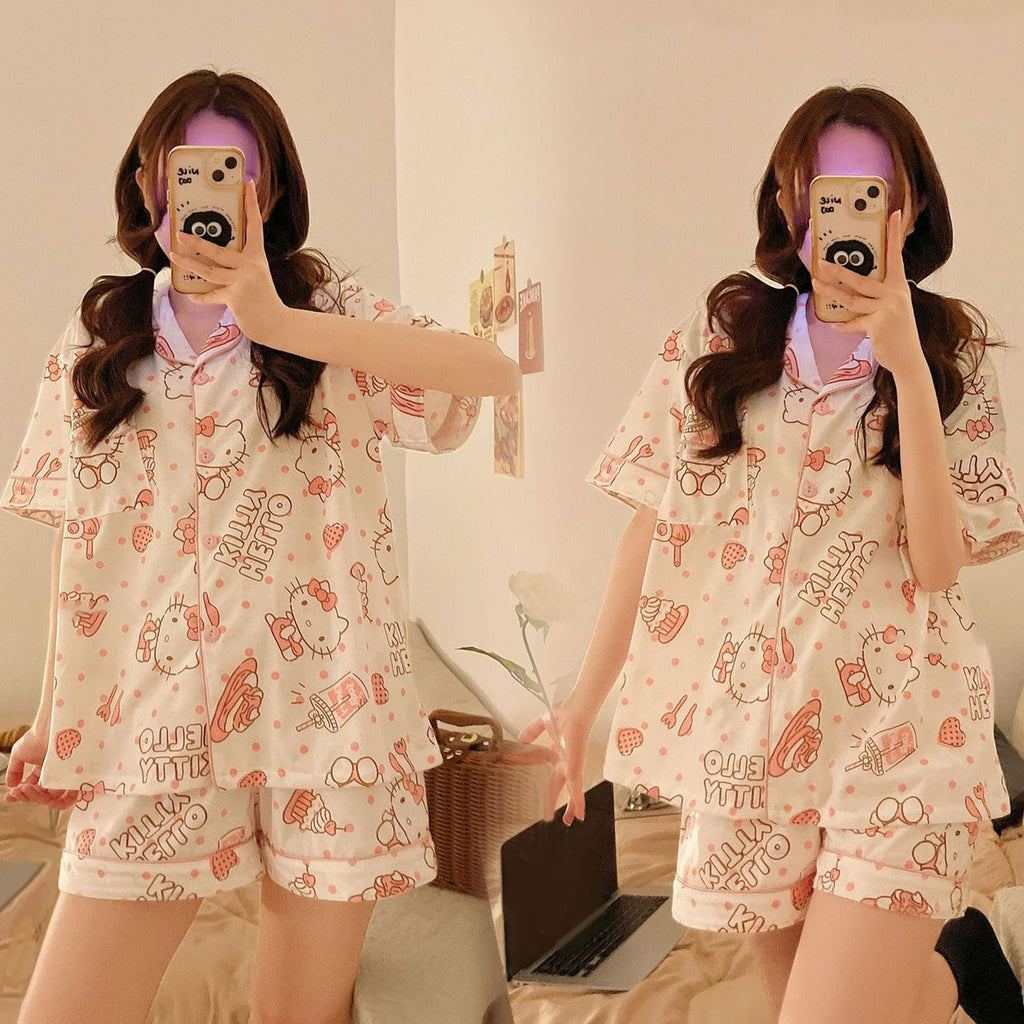 TradWloth Cute Women's Pajama Sets, Cartoon Print Sleepwear Short Sleeve Shirt and Casual Short - 2 Piece Pink