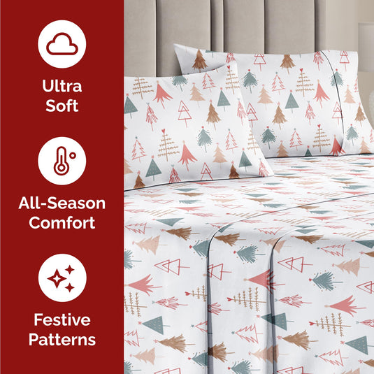 King Christmas Tree Sheet Set - Holiday Xmas Pattern Linen Set - Deep Pockets - Snug Fit - 4 Piece - Wrinkle Free - Comfy & Cooling Festive Winter Bedding - Easy To Care For - Kid Friendly