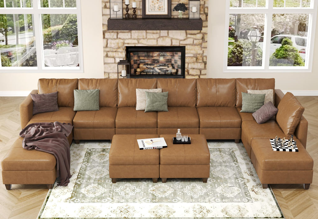EASE MOOSE Brown Modular Sectional Couch with Storage, Faux Leather Sectional Modular Sofa or Living Room