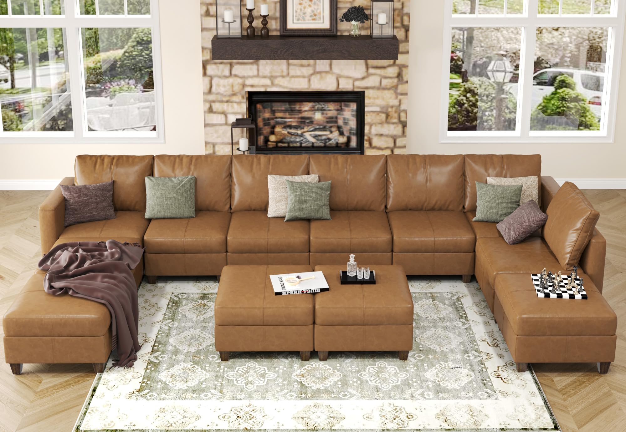 EASE MOOSE Brown Modular Sectional Couch with Storage, Faux Leather Sectional Modular Sofa or Living Room