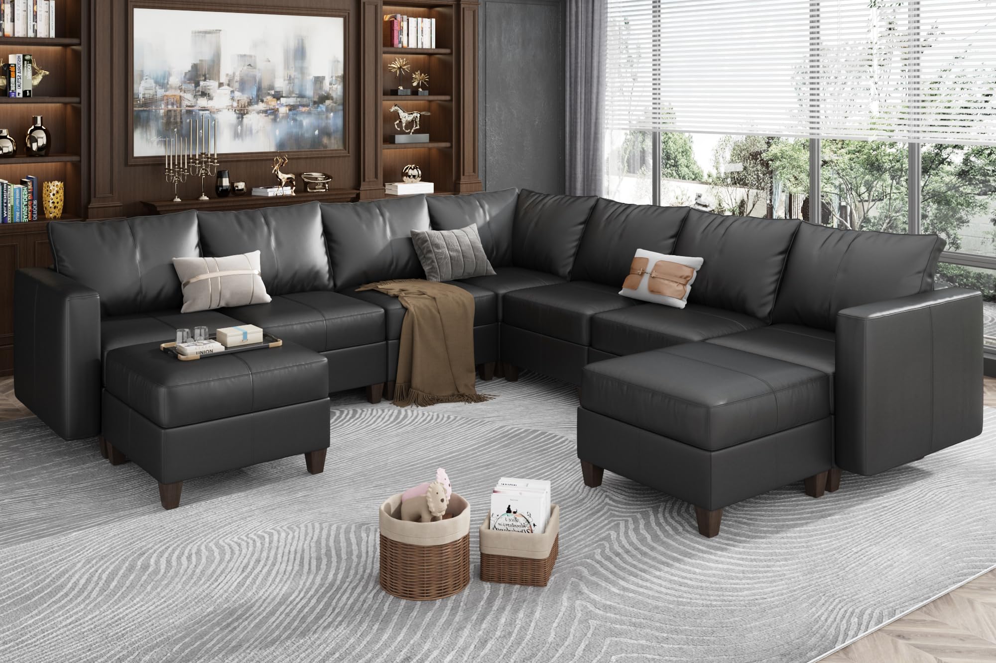 EASE MOOSE Brown Modular Sectional Couch with Storage, Faux Leather Sectional Modular Sofa or Living Room