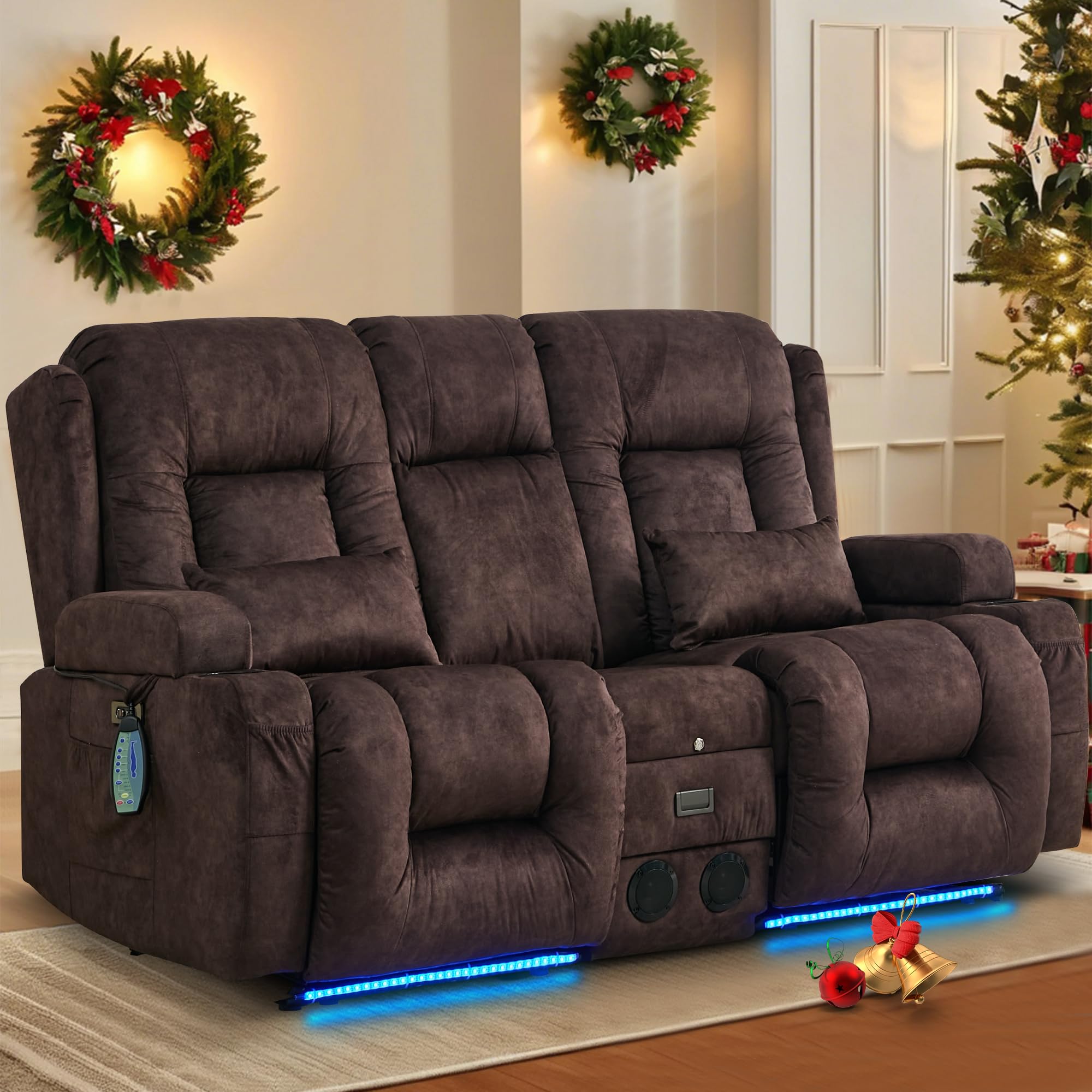 TUNYI Power Loveseat Recliner Sofa with Massage & Heat Home Theater Seating with Console Electric Recliner RV Sofa with USB/Outlet/Storage/Side Pocket/LED Light/Speaker (Brown, Loveseat)