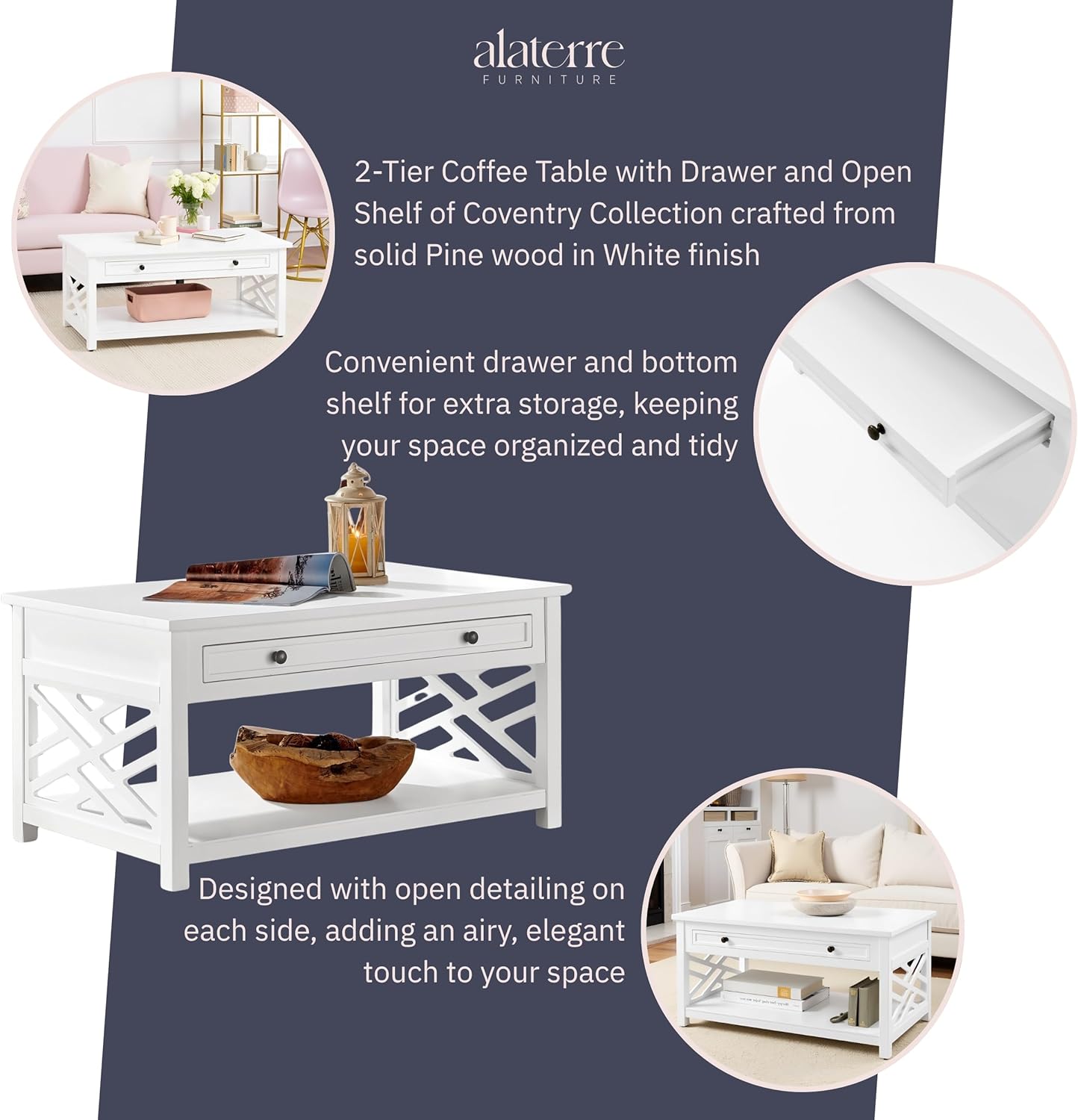 Coventry 36-Inch White Wood Coffee Table with Drawer & Open Shelf – Modern Accent Furniture for Living Room Storage & Décor by Alaterre Furniture