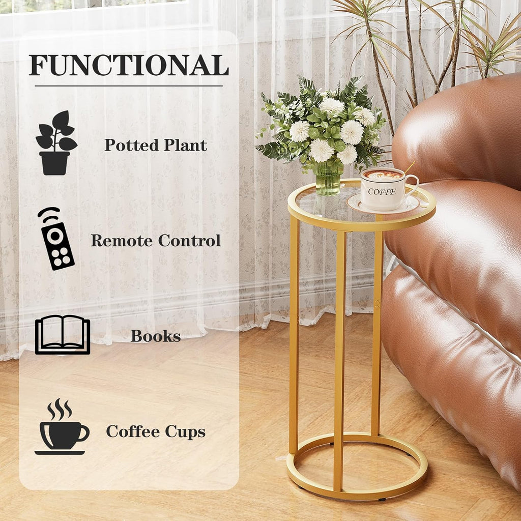 Easy Paws C Table Side End Table, Small Round Couch Sofa Tray Snack Table for Living Room, Bedroom,Accent Coffee Table,TV Tray Table for Small Space, Nightstand with Metal Frame(Gold)