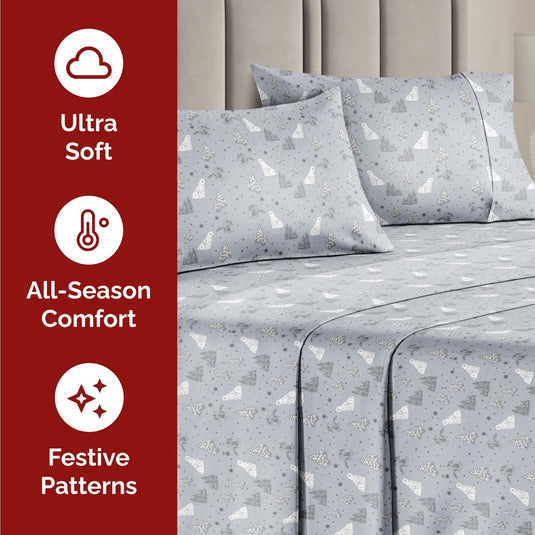 King Christmas Tree Sheet Set - Holiday Xmas Pattern Linen Set - Deep Pockets - Snug Fit - 4 Piece - Wrinkle Free - Comfy & Cooling Festive Winter Bedding - Easy To Care For - Kid Friendly